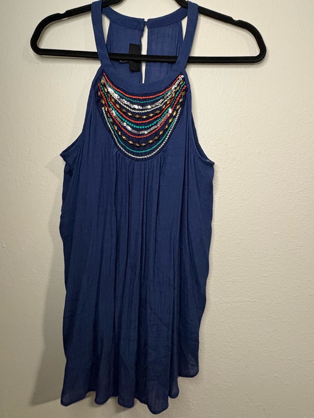 Iz Byer Blue Beaded Halter Neck Tank